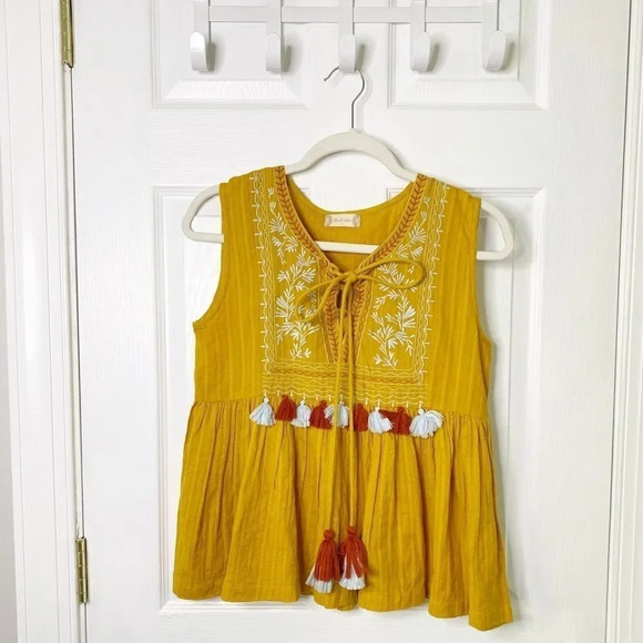 ALTAR'D STATE Mustard Yellow‎ Embroidered Tassel Boho Sleeveless Top - Picture 3 of 9